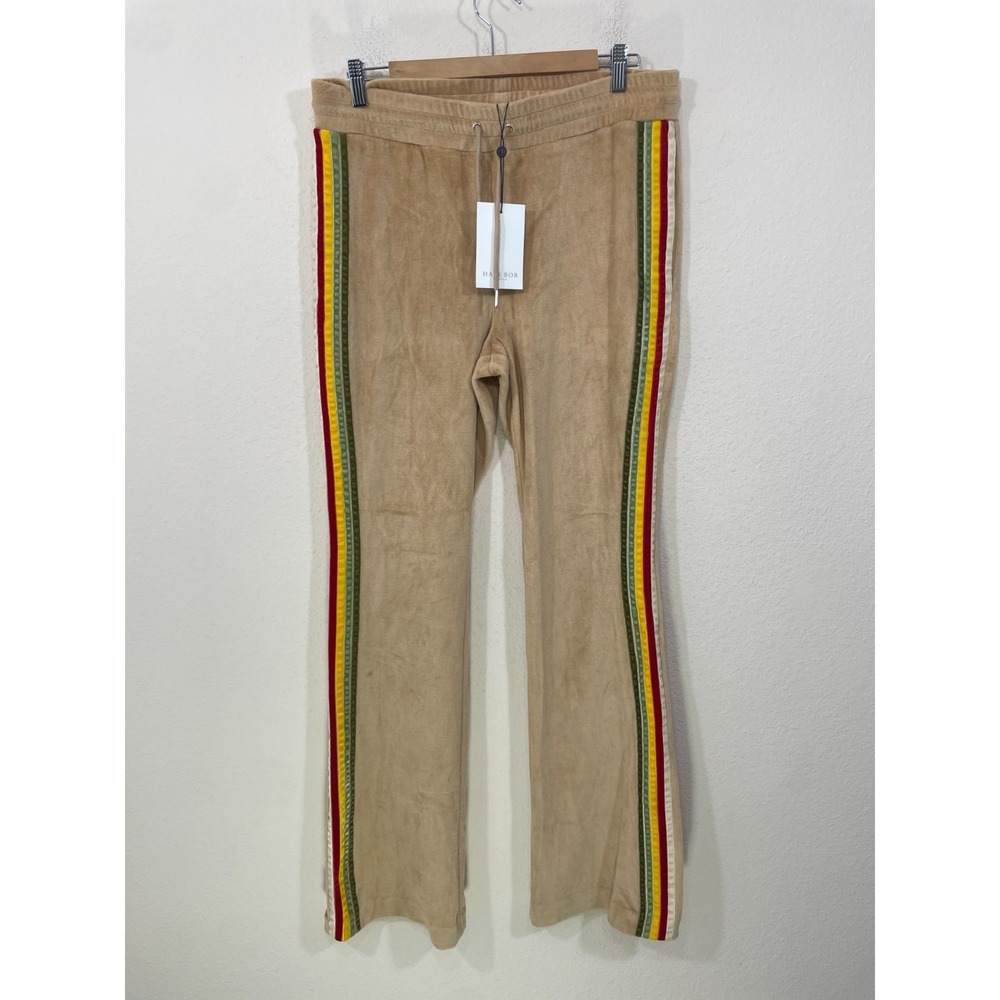 NEW Hale Bob Size M Velour Tan Rainbow Side Stripes Flare Stretch Pants Y2K NWT